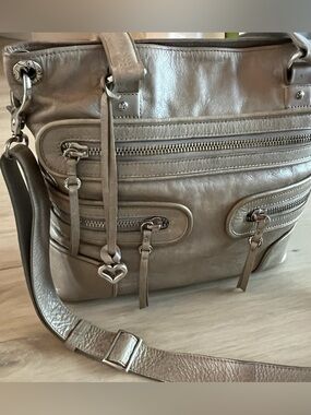 Brighton Morrison Taupe Metallic Leather Satchel Shoulder Bag Heart Charm